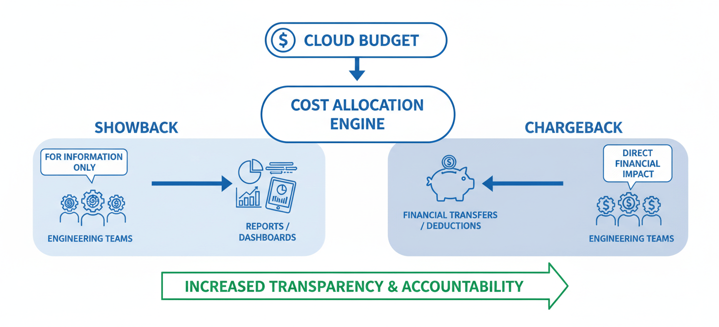 A diagram illustrating the flow of cost information in showback and chargeback models, demonstrating how central cloud budgets are allocated or reported to individual engineering teams to foster accountability.