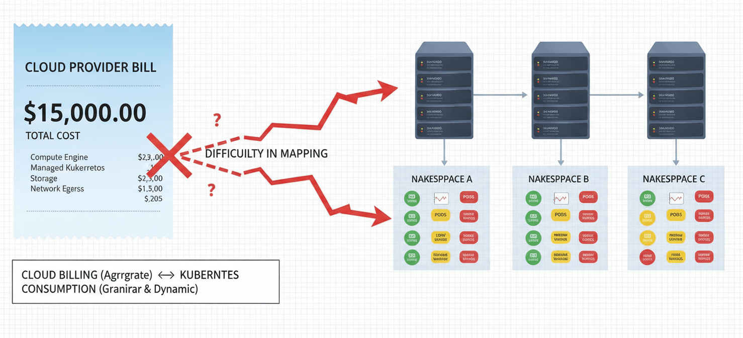 A diagram illustrating the fundamental challenge of Kubernetes cost allocation, showing how a single cloud provider bill for underlying infrastructure (like VMs) is difficult to map to the diverse and dynamic workloads running across multiple namespaces and pods within a shared Kubernetes cluster.