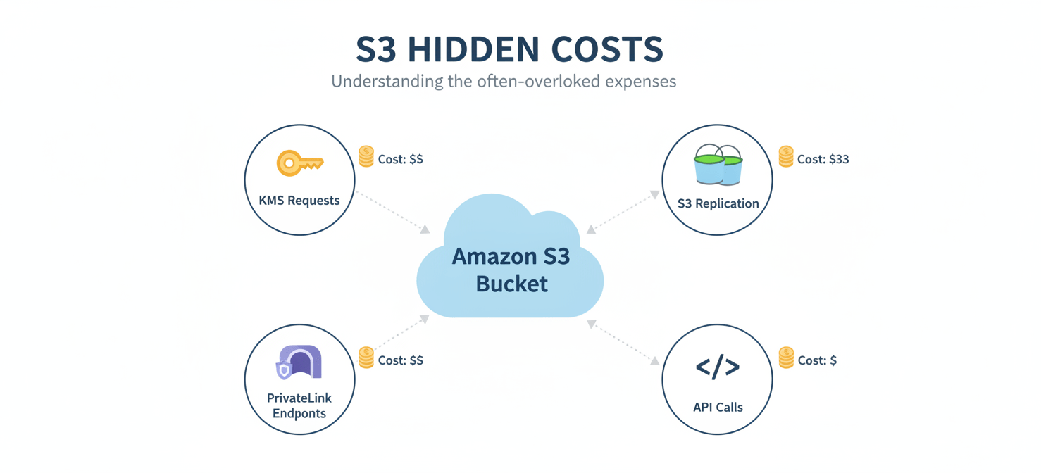 A diagram illustrating the 'hidden' costs associated with S3, including charges for KMS requests, S3 replication, PrivateLink endpoints, and high volumes of API calls, emphasizing the need to consider these factors in cost planning.