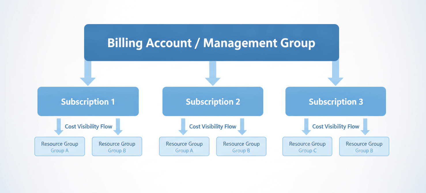 A diagram illustrating the hierarchical structure of Azure scopes, from top-level Management Groups or Billing Accounts, down through individual Subscriptions, to granular Resource Groups, showing how cost visibility is determined by the chosen scope.