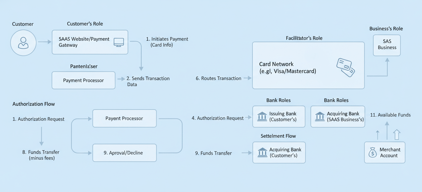 A diagram illustrating the key players and their interactions in a typical payment transaction, including the customer, payment gateway, processor, card network, issuing bank, acquiring bank, and merchant account, showing the sequential flow of information and funds.