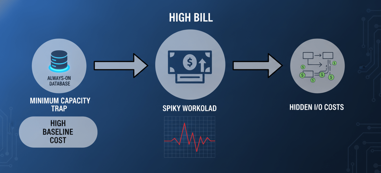 A diagram illustrating the primary reasons for increased Aurora Serverless v2 costs: a 'Minimum Capacity Trap' showing continuous baseline charges, 'Spiky Workloads' with fluctuating high usage, and 'Hidden I/O Costs' represented by data transfer with associated fees, all contributing to a higher overall bill.