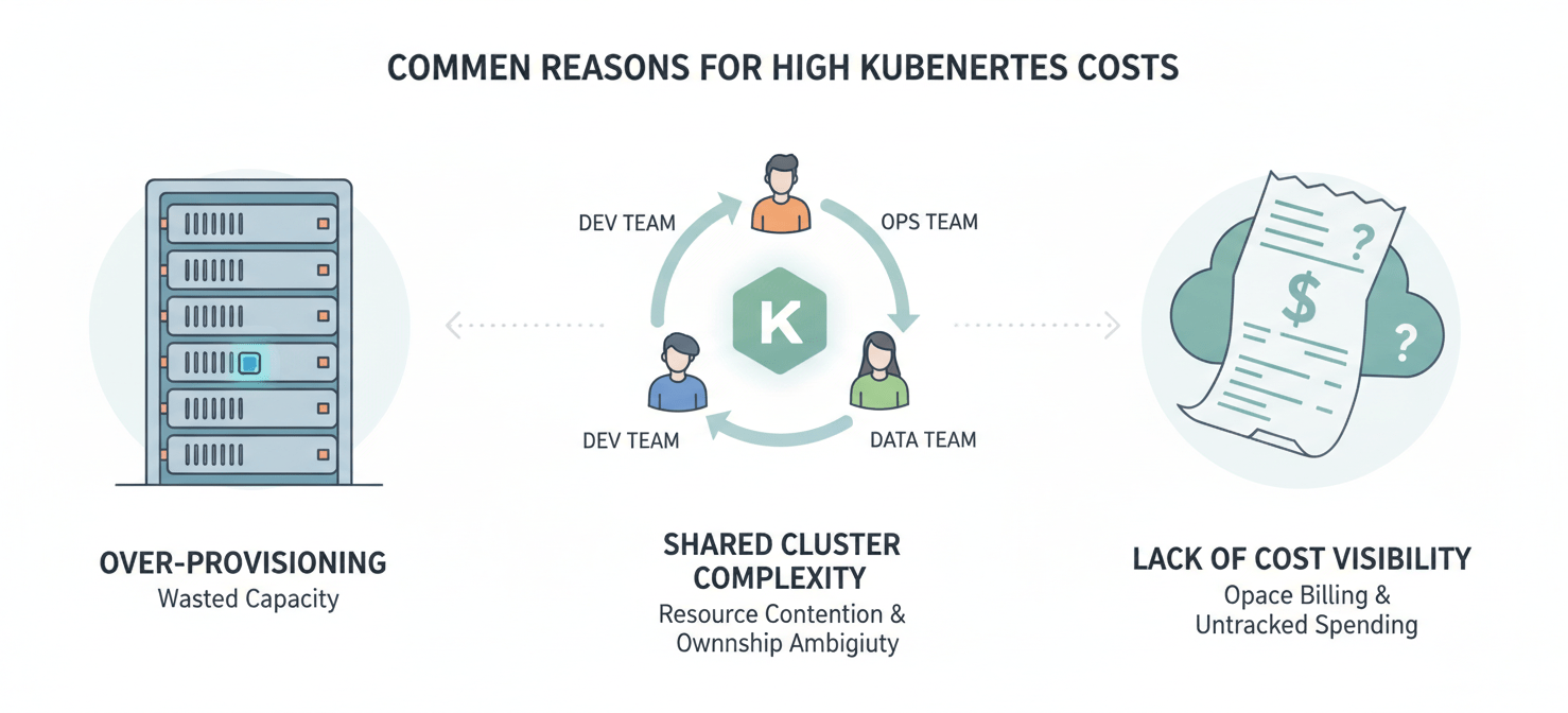 A diagram illustrating the primary reasons Kubernetes costs spiral out of control, including over-provisioning of resources, a lack of clear cost visibility across different services, and the inherent complexity of attributing shared cluster expenses to specific teams or workloads.