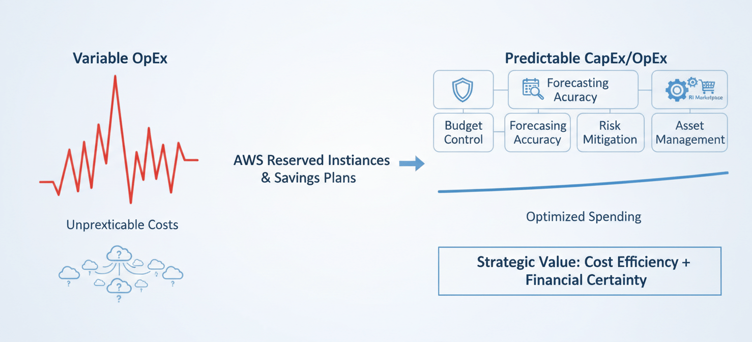 A diagram illustrating the shift from volatile, unpredictable cloud spending to stable, forecastable costs through AWS Reserved Instances. It highlights benefits such as enhanced budget control, improved financial forecasting accuracy, and operational risk mitigation, positioning RIs as a strategic financial instrument rather than just a discount mechanism for cloud infrastructure.