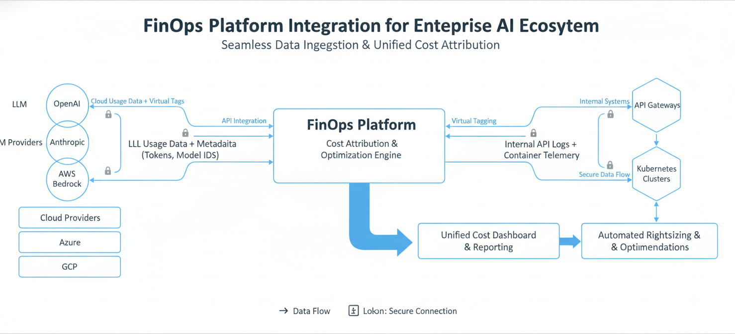A diagram illustrating the technical integration of a FinOps platform with various LLM providers, cloud services, and internal systems like API gateways, enabling consistent tagging and metadata injection for accurate cost attribution and organizational alignment.