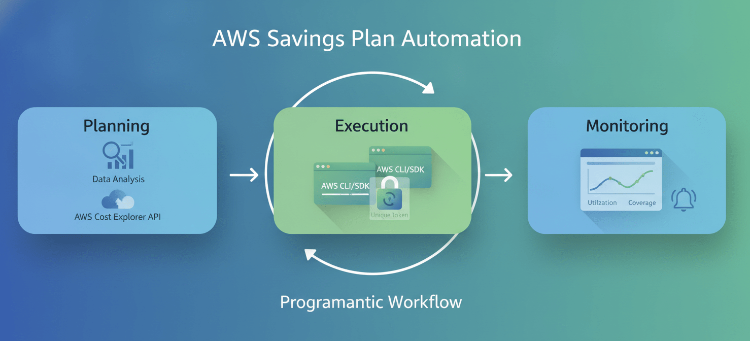 A diagram illustrating the three-phase programmatic workflow for automating AWS Savings Plan management: Planning (data analysis via Cost Explorer API), Execution (programmatic purchase with idempotency), and Continuous Monitoring (tracking utilization and coverage).