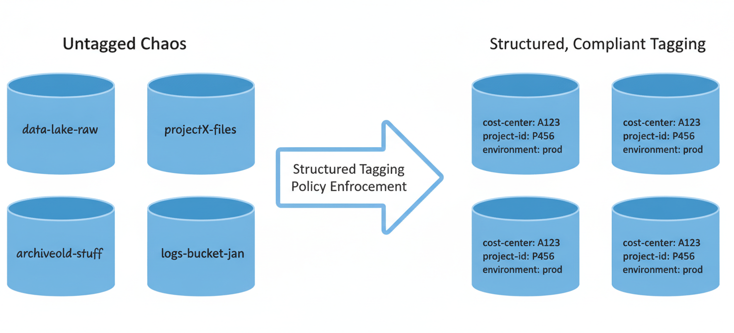 A diagram illustrating the transformation from inconsistent S3 bucket labeling to a structured, enforced tagging policy, showing buckets uniformly tagged with `cost-center`, `project-id`, and `environment` for better cost allocation.