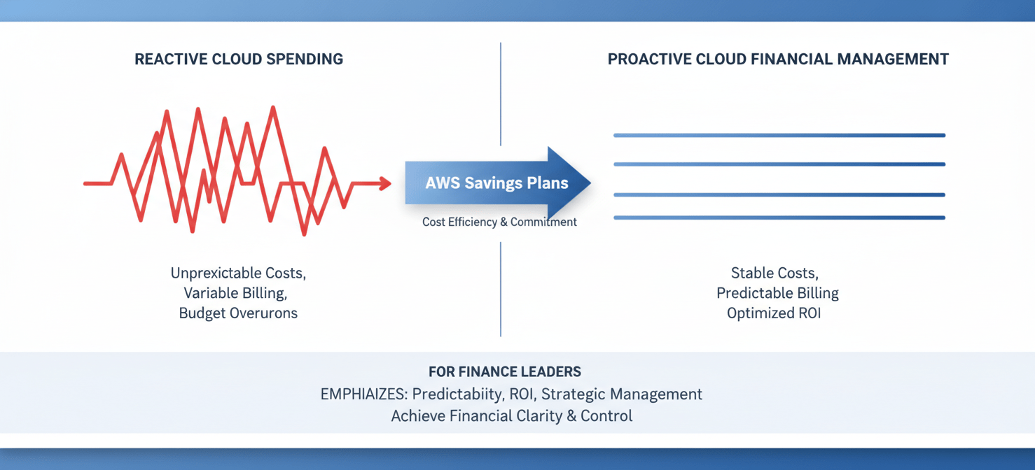 A diagram illustrating the transition from reactive, unpredictable cloud spending, characterized by volatile cost curves, to proactive, predictable cloud financial management achieved through AWS commitment discounts. The visual emphasizes improved forecasting, enhanced ROI, and strategic budget control for finance teams.