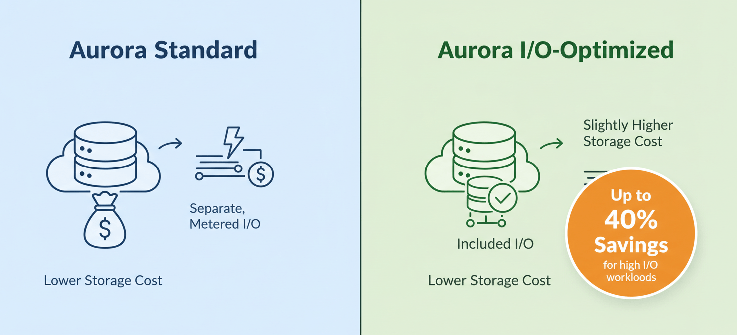 A diagram illustrating the two Amazon Aurora storage configurations: Standard, with separate charges for I/O operations, and I/O-Optimized, which includes I/O costs, designed for significant savings on high-I/O workloads.