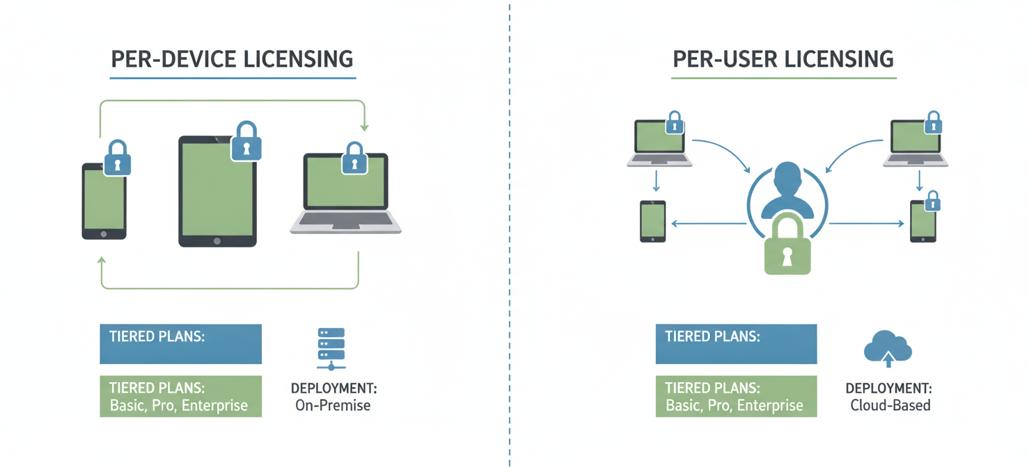 A diagram illustrating the two primary MDM licensing models: per-device and per-user. On the left, individual devices are shown with separate licenses. On the right, a single user is shown with one license covering multiple devices. Below, abstract representations of tiered plans and cloud vs. on-premise deployment options are included.