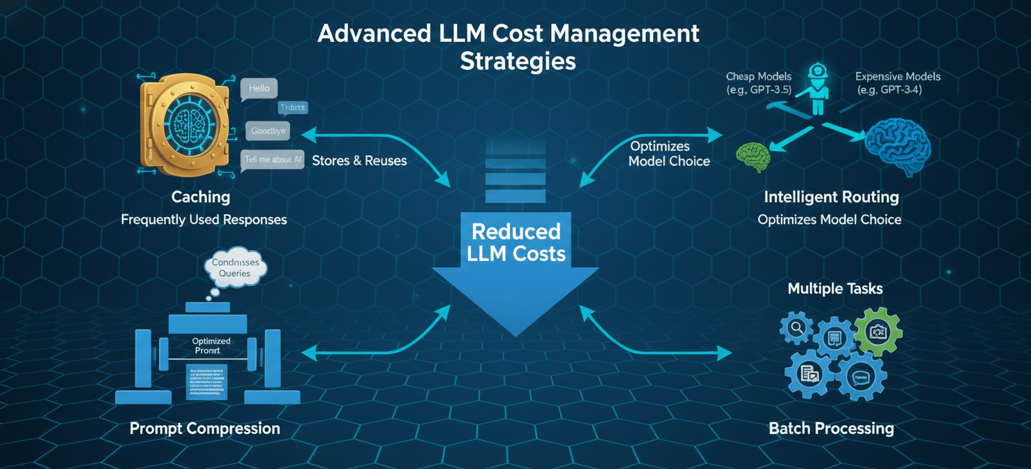 A diagram showcasing advanced strategies for managing LLM costs, including caching frequently used responses, intelligent routing of queries to appropriate models, prompt compression techniques, and batch processing for efficiency, all aimed at reducing operational expenses.