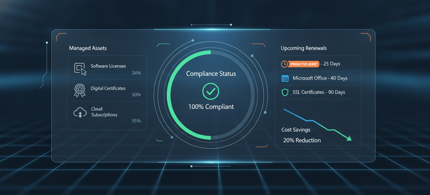 A digital dashboard illustration showcasing the core benefits of a centralized license management system. It features a green compliance status indicator, automated alerts for upcoming renewals, a graph demonstrating cost savings, and icons representing various managed assets, emphasizing improved control and efficiency.
