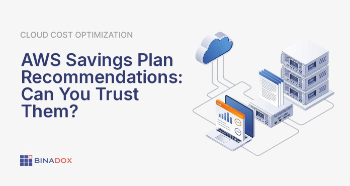 A digital illustration depicting a business professional scrutinizing a complex cloud cost dashboard, specifically focusing on a section labeled "AWS Savings Plan Recommendations." A large, glowing question mark hovers above the data, symbolizing skepticism and the need for verification. Various data points and cloud icons are in the background, representing the intricate nature of cloud financial management. The scene conveys the central theme of trusting, but verifying, automated suggestions for cost optimization.