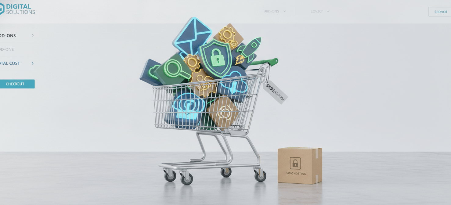 A digital illustration of a shopping cart overloaded with various icons representing common web hosting add-ons such as professional email, enhanced security features, and SEO tools. This visual depicts how seemingly optional extras can quickly inflate the total cost of a basic hosting plan.
