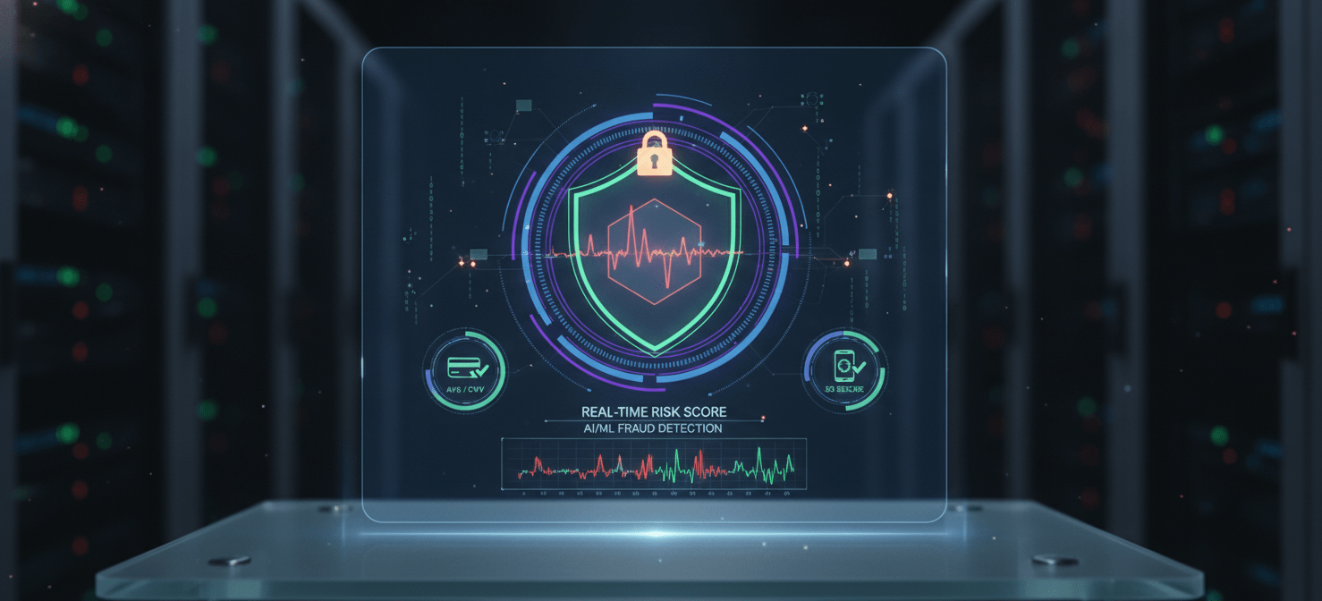 A digital interface showcasing advanced fraud detection and prevention technologies, including real-time risk scoring, AVS/CVV checks, and 3D Secure authentication, forming multiple layers of security around a financial transaction.