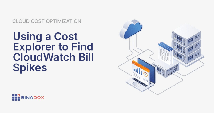 A digital magnifying glass hovers over a detailed cloud bill, highlighting a section dedicated to CloudWatch costs that are spiking. Various AWS service icons are visible, representing the complexity of cloud spending. This visual metaphor illustrates the process of using a cost explorer to pinpoint and understand unexpected increases in your AWS bill, specifically focusing on CloudWatch expenses.