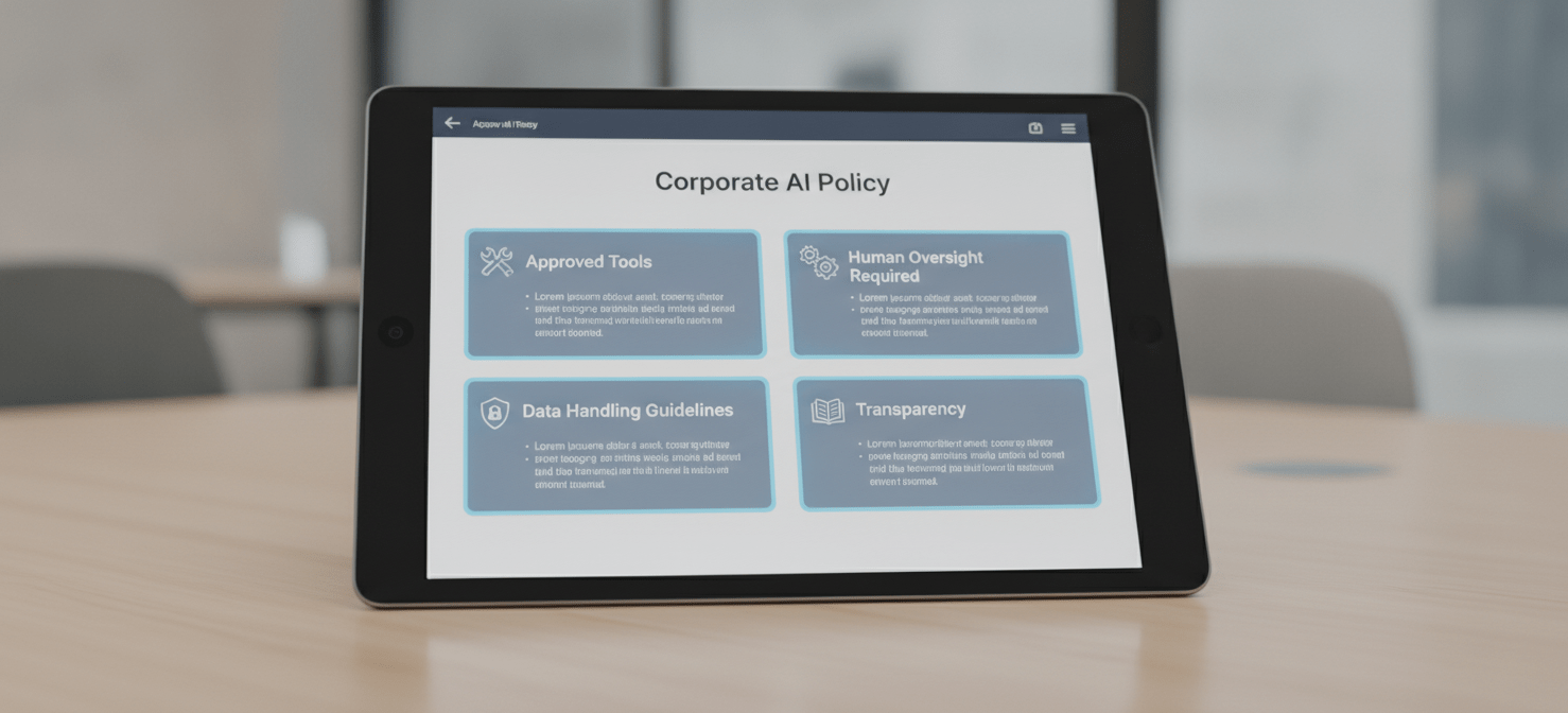 A digital representation of a corporate AI policy document, clearly outlining key components such as approved and prohibited tools, guidelines for handling sensitive data, the requirement for human oversight in AI-generated content, and principles of disclosure and transparency.