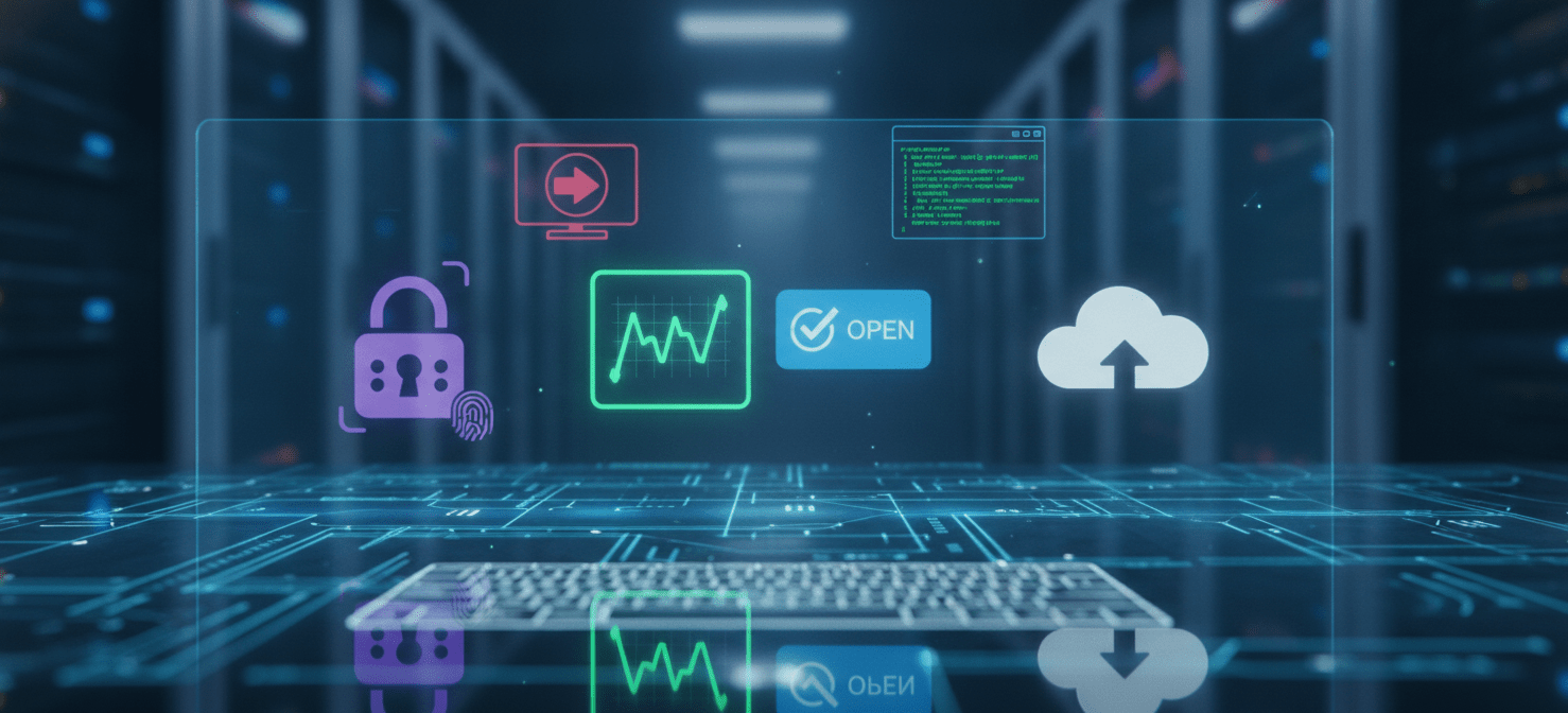 A digital toolkit displaying essential IT tools for a sole IT person, including icons for network monitoring, help desk systems, password managers, backup solutions, and remote access, all organized for efficiency.