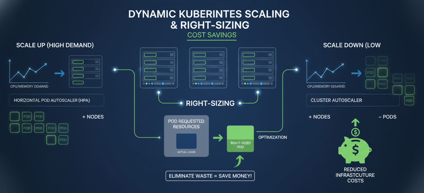 A dynamic illustration demonstrating Kubernetes cost optimization through right-sizing workloads and leveraging autoscaling mechanisms like the Horizontal Pod Autoscaler and Cluster Autoscaler to match resources to demand.