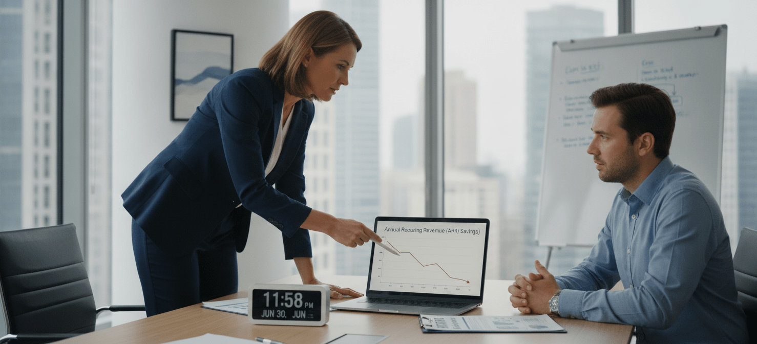 A finance leader executing a SaaS negotiation, presenting data-driven arguments to a vendor representative, demonstrating strategic communication and tactical approaches for securing favorable terms.
