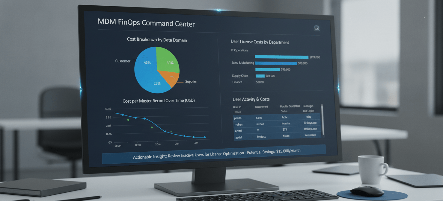 A FinOps dashboard displaying granular MDM platform cost visibility. It includes charts breaking down costs by data domain, user license costs per department, trends of cost per master record, and a table identifying active versus inactive users.