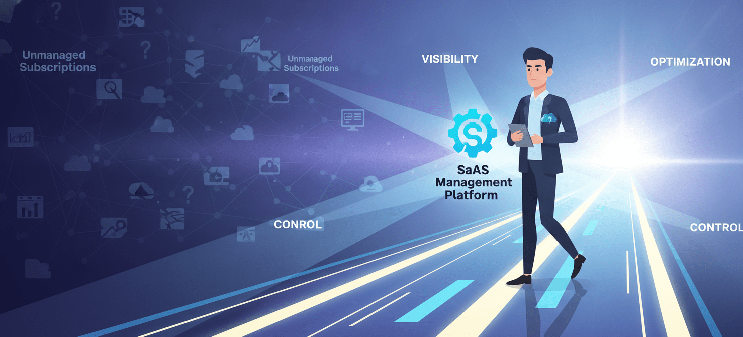 A FinOps lead confidently moving from a chaotic, unmanaged SaaS environment towards a clear, optimized future, guided by a saas management platform. The illustration symbolizes the transition from reactive spend management to proactive strategic control over software subscriptions.