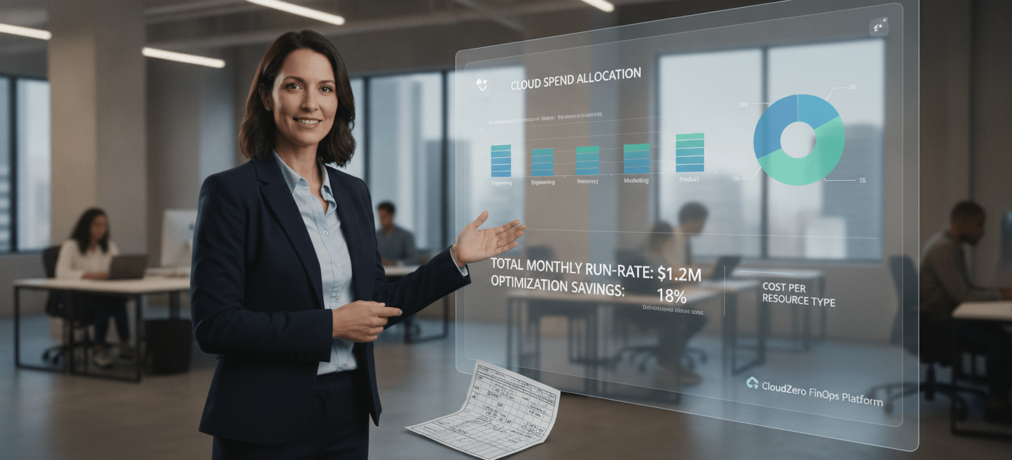 A FinOps lead confidently overseeing cloud financial operations, empowered by a sophisticated FinOps software dashboard that provides real-time insights into cost allocation, commitment management, and KPIs. This visual represents the shift from manual, spreadsheet-based analysis to automated, proactive control, enabling a culture of financial accountability across the organization.