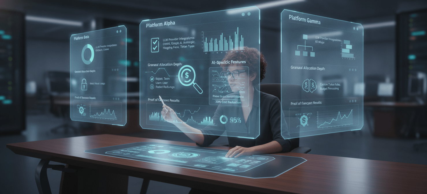 A FinOps lead evaluating various FinOps platforms, considering critical criteria such as native LLM provider integrations, the depth of cost allocation capabilities, and specific features for understanding token economics and AI-driven unit costs.