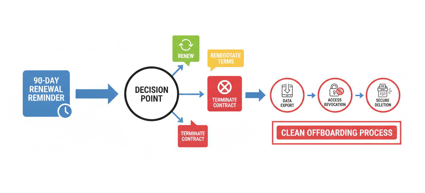 A flow diagram illustrating the critical stages of SaaS vendor lifecycle management, emphasizing proactive renewal processes starting 90 days out, and a structured offboarding procedure including data export and access revocation.