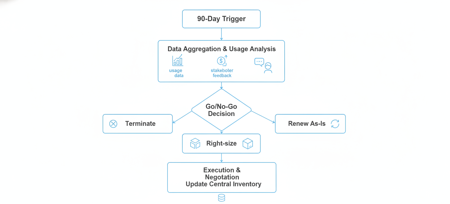 A flowchart illustrating an automated SaaS renewal workflow, starting with a 90-day trigger, moving through data aggregation and usage analysis, leading to a go/no-go decision (terminate, right-size, renew), and concluding with execution and updating the central inventory.