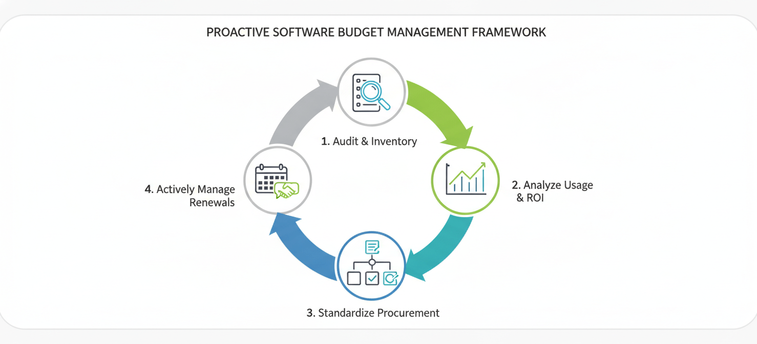 A four-step cyclical framework for proactive software budget management, illustrating the continuous process of auditing and inventorying software, analyzing usage and ROI, standardizing procurement, and actively managing renewals to optimize spending.