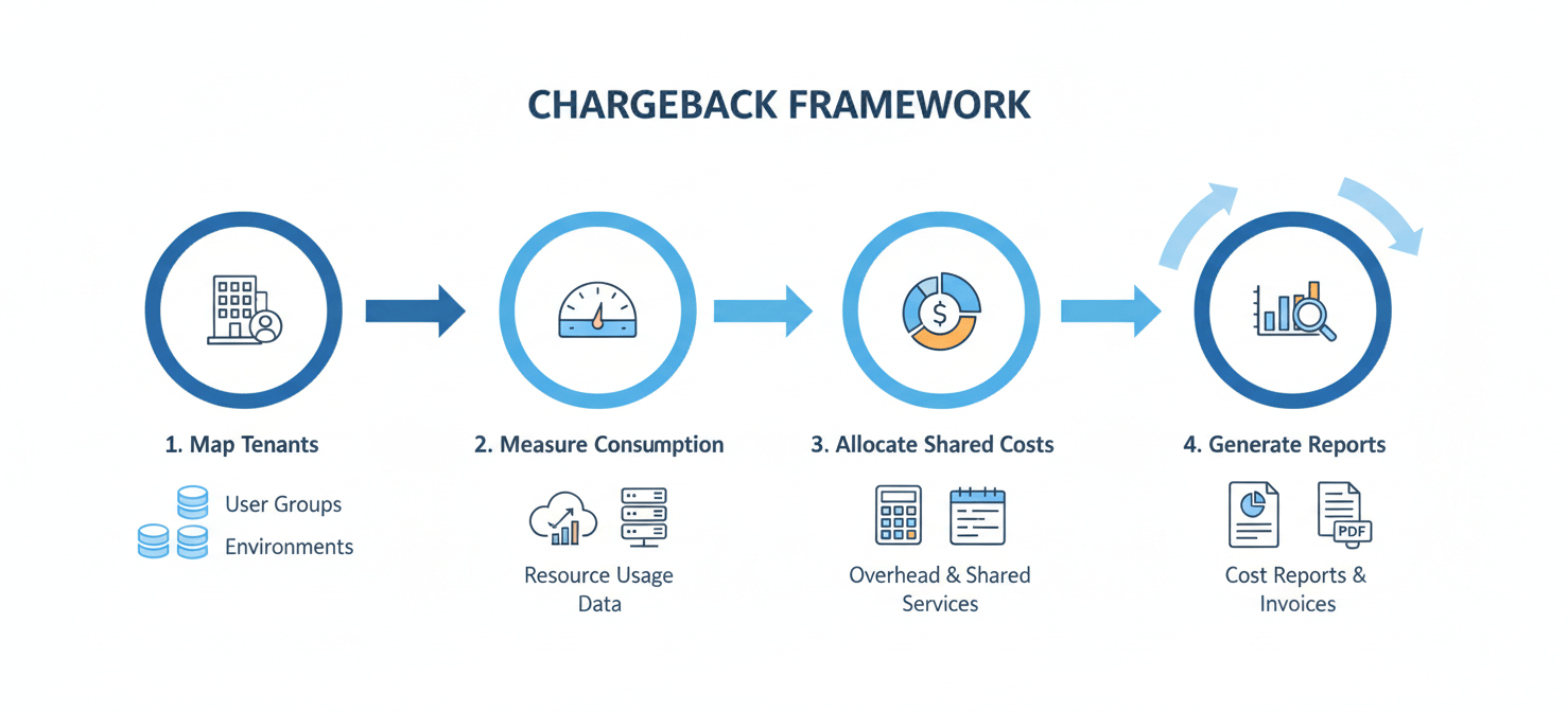 A four-step framework diagram outlining the process for implementing a robust chargeback system for Aurora PostgreSQL, detailing the stages of mapping tenants, measuring resource consumption, allocating shared costs, and generating transparent reports.
