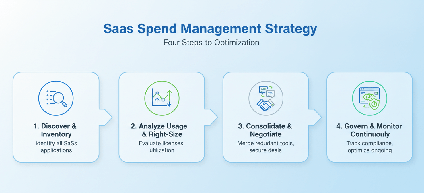 A four-step infographic outlining the implementation of a SaaS spend management strategy. It visually guides through discovering and inventorying applications, analyzing usage to right-size licenses, consolidating redundant tools and negotiating contracts, and finally, establishing continuous governance and monitoring. Each step is clearly delineated to show a structured approach to optimizing software spending.