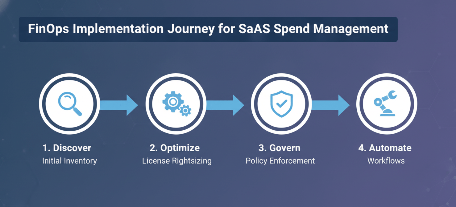 A four-step process diagram illustrating the FinOps perspective on implementing a SaaS spend management tool. The steps include comprehensive discovery, optimization of licenses and usage, establishing clear governance policies, and automating key processes like onboarding and offboarding, emphasizing a strategic approach to financial accountability.