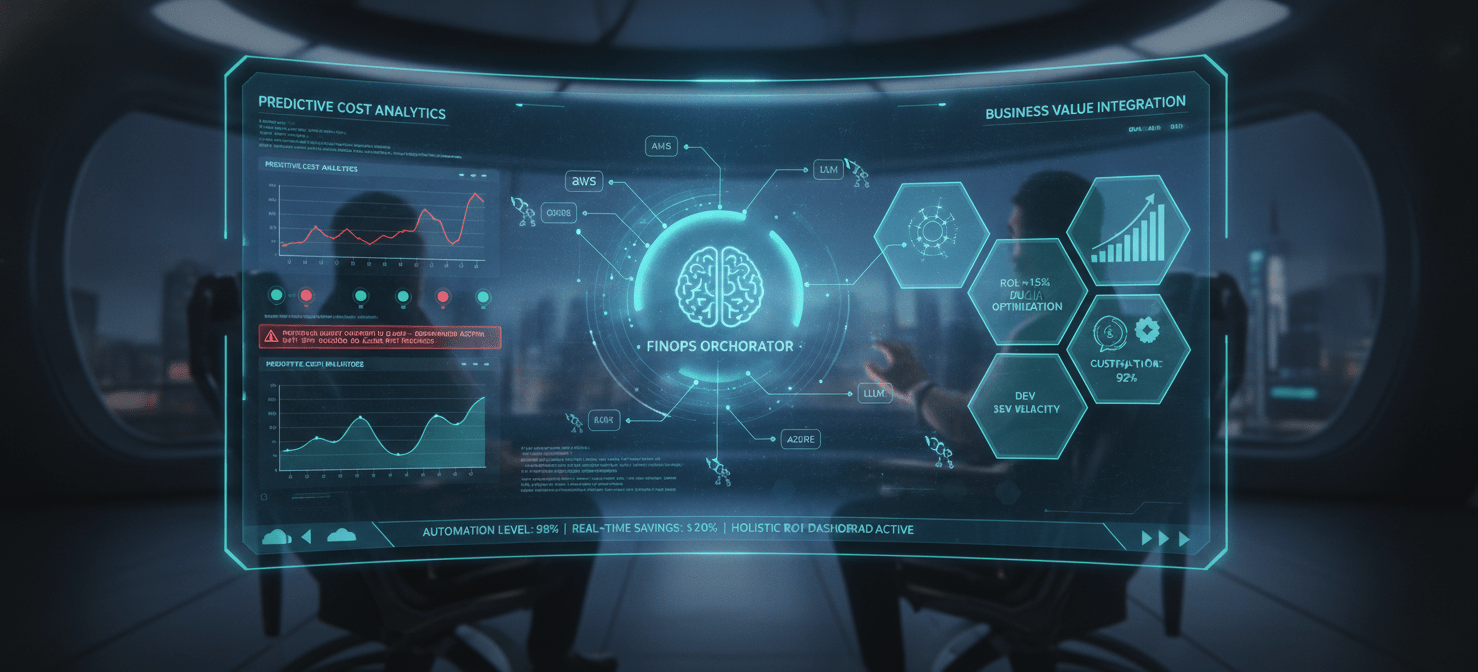 A futuristic illustration envisioning AI-powered FinOps, where intelligent systems autonomously manage and optimize multi-cloud and LLM costs, integrating predictive analytics and real-time decision-making to connect spending with business value.