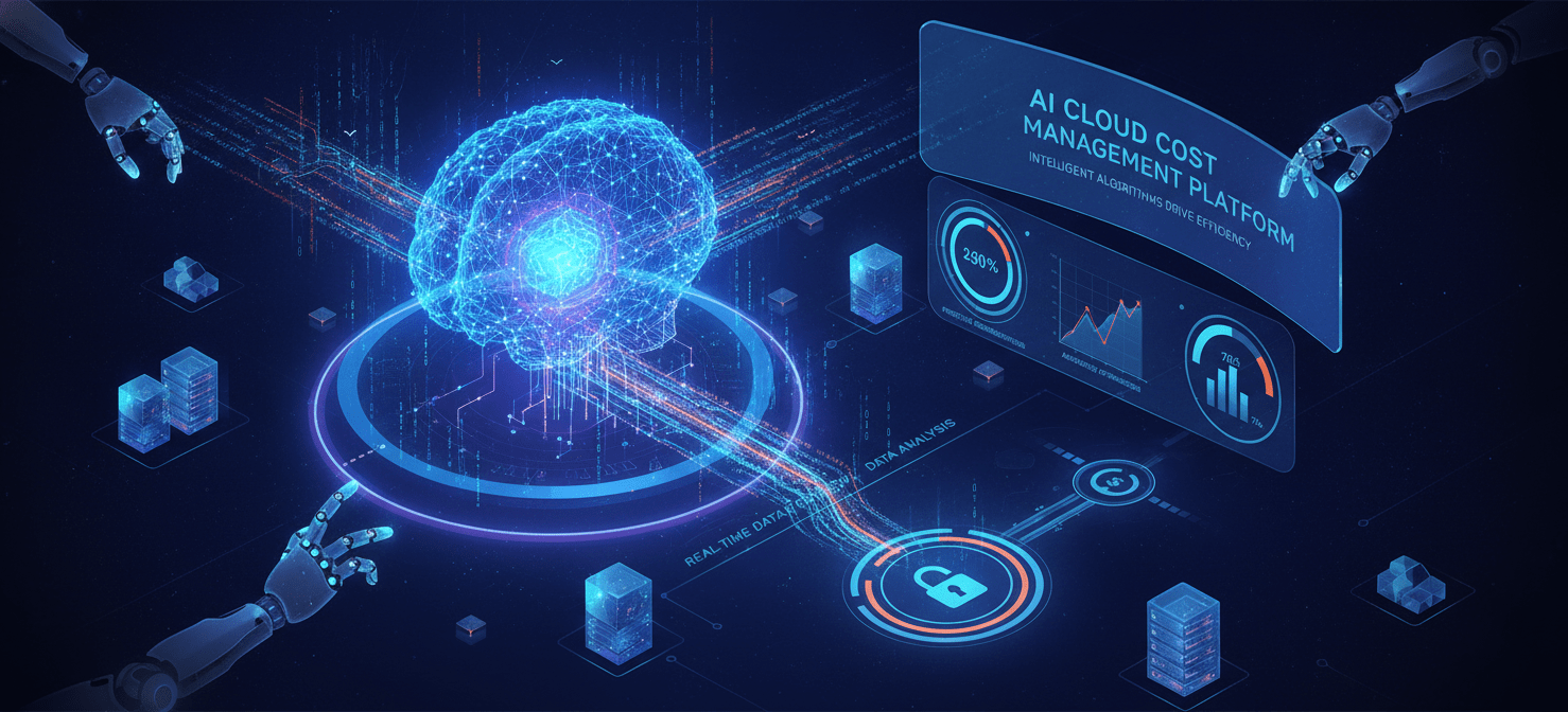 A futuristic illustration envisioning the evolution of cloud cost management, with artificial intelligence and machine learning driving predictive analytics, automated optimization, and granular cost allocation for complex cloud services.