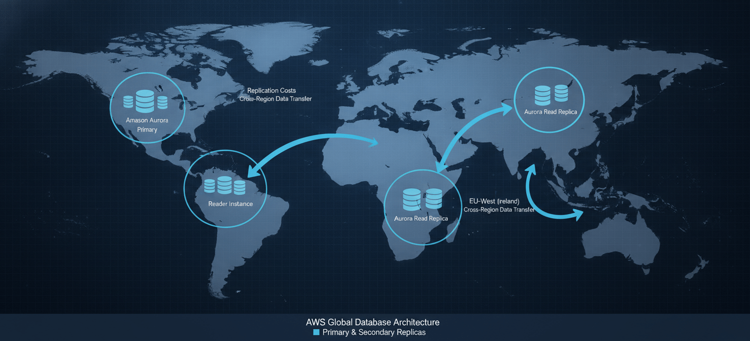 A global network diagram depicting an Amazon Aurora Global Database, with a primary region and secondary read replica regions, highlighting the associated costs for cross-region data replication and additional instances.