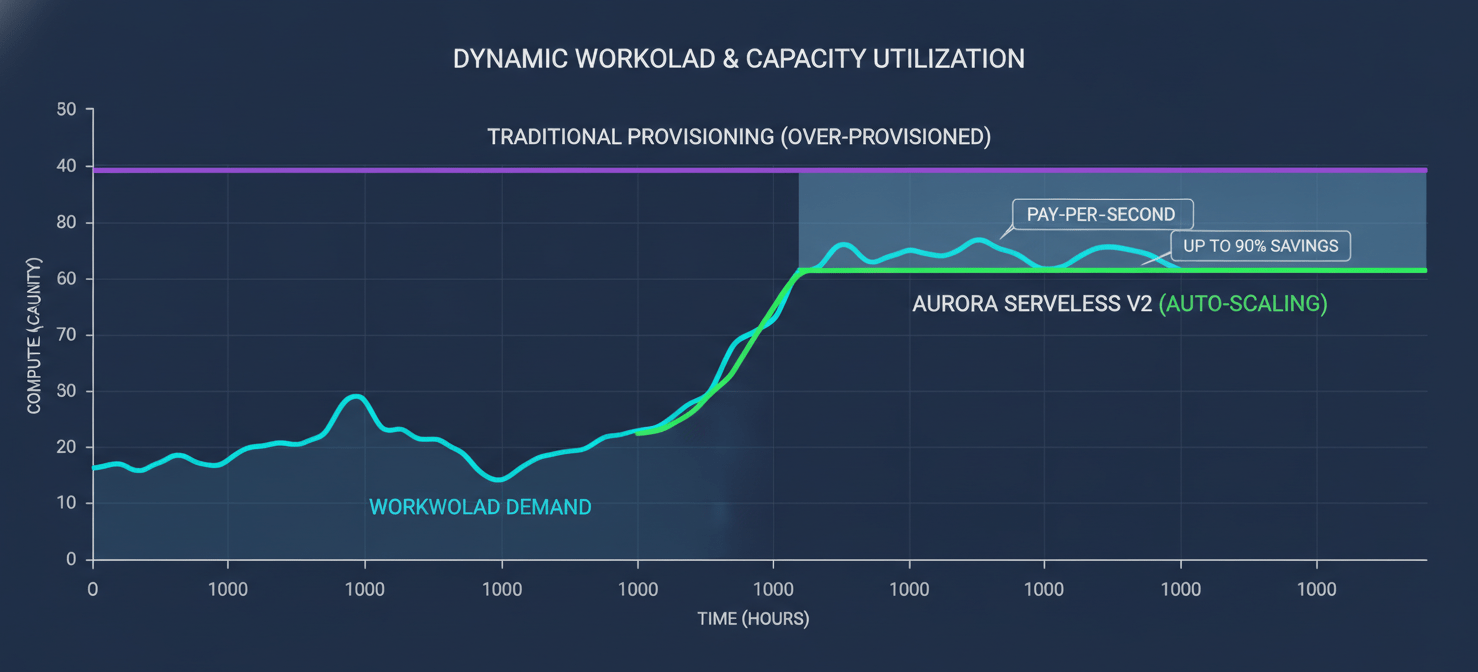 A graph illustrating the cost efficiency of Aurora Serverless v2, showing its capacity dynamically scaling to match a fluctuating workload, contrasting with a static, over-provisioned instance, demonstrating significant AWS Aurora cost optimization.