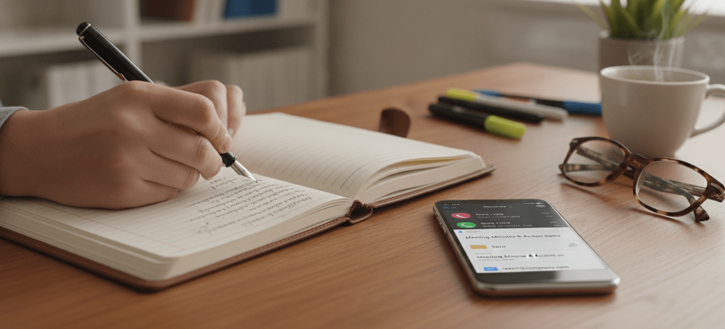 A hand diligently writing in a notebook, with a smartphone displaying a call history and an email inbox showing a sent message in the background. This visual emphasizes the importance of documenting every interaction and detail when attempting to cancel a subscription, creating a clear paper trail.