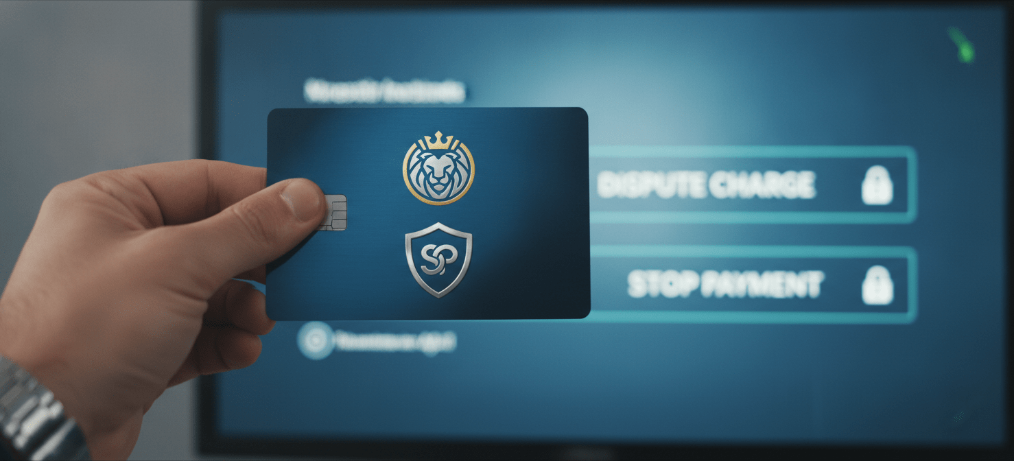 A hand holding a credit card, with a prominent bank logo and a protective shield icon, symbolizing financial security. In the background, a blurred digital interface displays options like 'dispute charge' or 'stop payment,' illustrating the power of involving your bank or credit card company when a merchant makes it difficult to cancel a subscription.