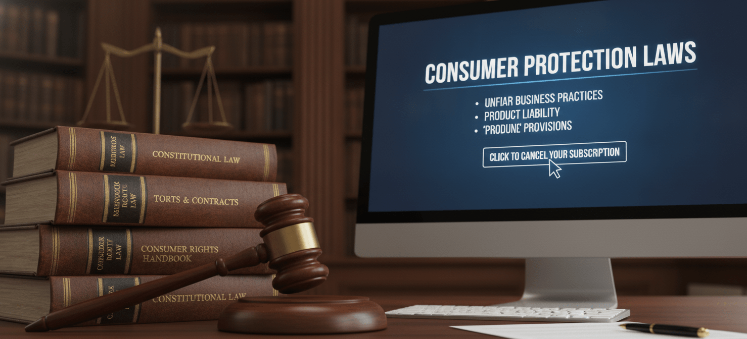 A judge's gavel resting on a stack of legal books, positioned next to a computer screen displaying text related to consumer protection laws and 'click to cancel' provisions. This image represents the legal framework and consumer rights that empower individuals when companies make it difficult to cancel a subscription, emphasizing the importance of knowing your legal standing.