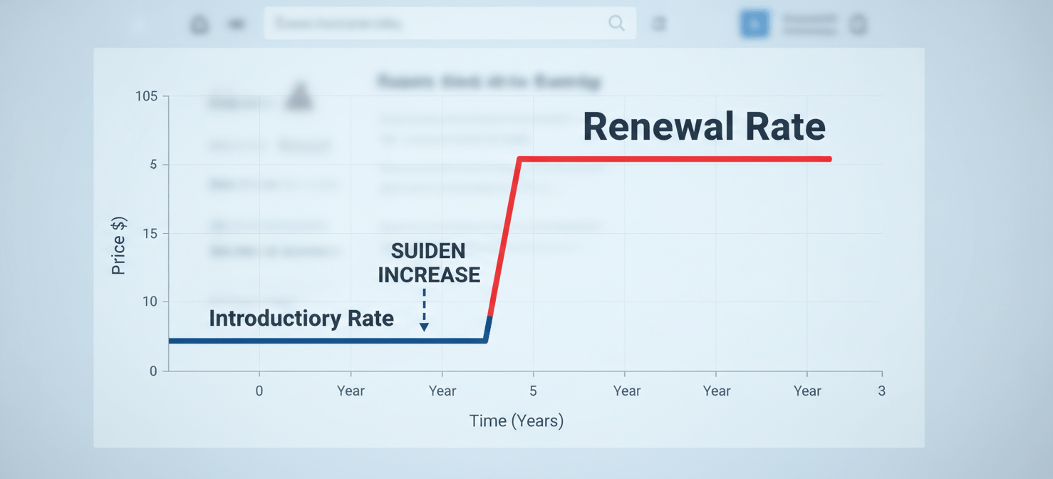 A line graph illustrating the common web hosting pricing model, showing a low introductory rate for the first few years followed by a sharp and significant increase to a much higher renewal rate. This visual highlights how initial offers can be misleading about long-term costs.