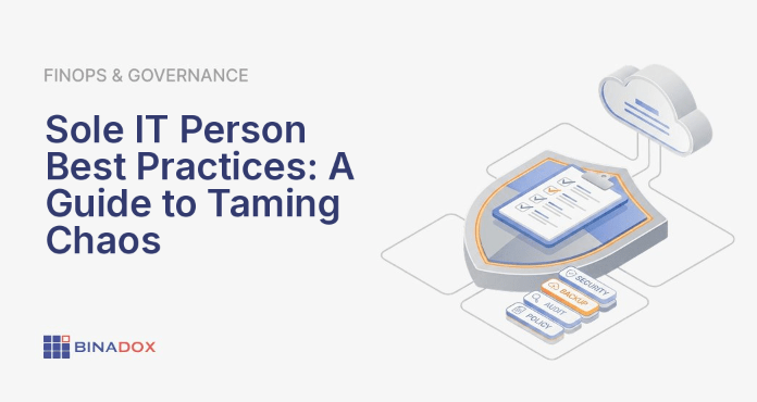 A lone IT professional, depicted as a multi-tasking superhero, efficiently managing a complex array of digital tasks including server maintenance, network security, and user support, embodying the sole IT person best practices for taming chaos in a demanding environment.