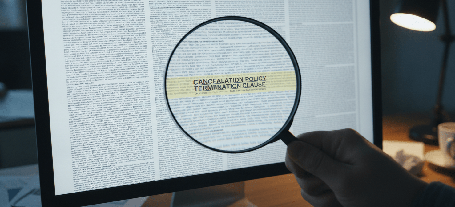 A magnifying glass examining a section of dense, small-print legal text on a computer screen, specifically highlighting a clause related to cancellation or termination policies. This image represents the crucial first step of reviewing terms and conditions before attempting to cancel a service.