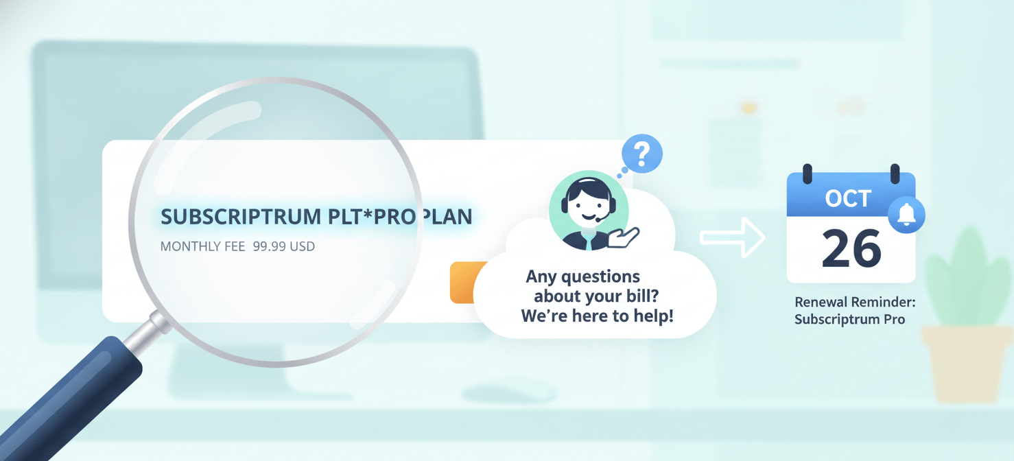 A magnifying glass highlights a clear and concise billing descriptor on a credit card statement, accompanied by a friendly customer service icon and a calendar notification for a subscription renewal, symbolizing transparent communication and billing practices.