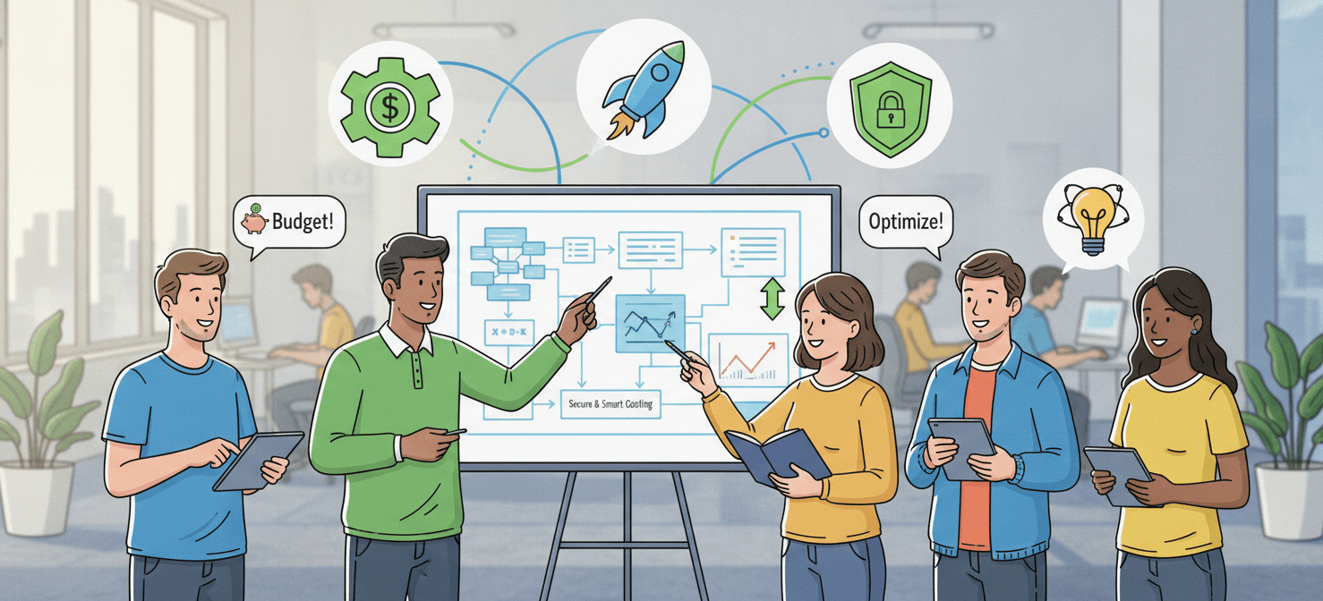 A modern illustration of a diverse engineering team collaborating around a whiteboard, discussing project plans. Icons and thought bubbles around them represent key considerations like cost efficiency, performance, security, and innovation, all integrated into their design process. The image conveys a culture where engineers proactively consider the financial impact of their decisions as a core part of their work.