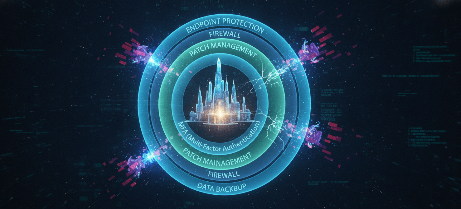 A multi-layered digital shield protecting a network, illustrating foundational security practices such as endpoint protection, firewalls, patch management, and multi-factor authentication, crucial for a sole IT person.