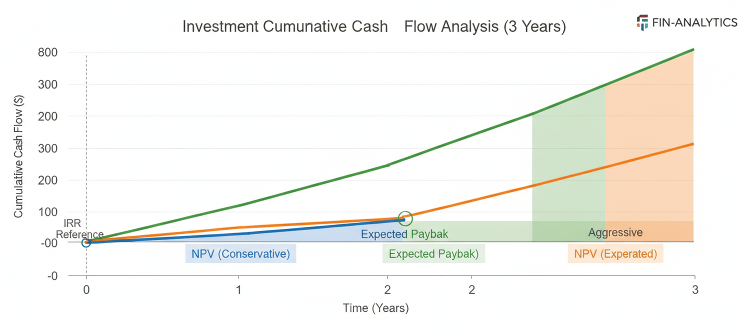 A multi-scenario financial projection chart displaying cumulative cash flow over three years for an AI chatbot investment, with distinct lines for conservative, expected, and aggressive outcomes, illustrating payback period, NPV, and IRR.