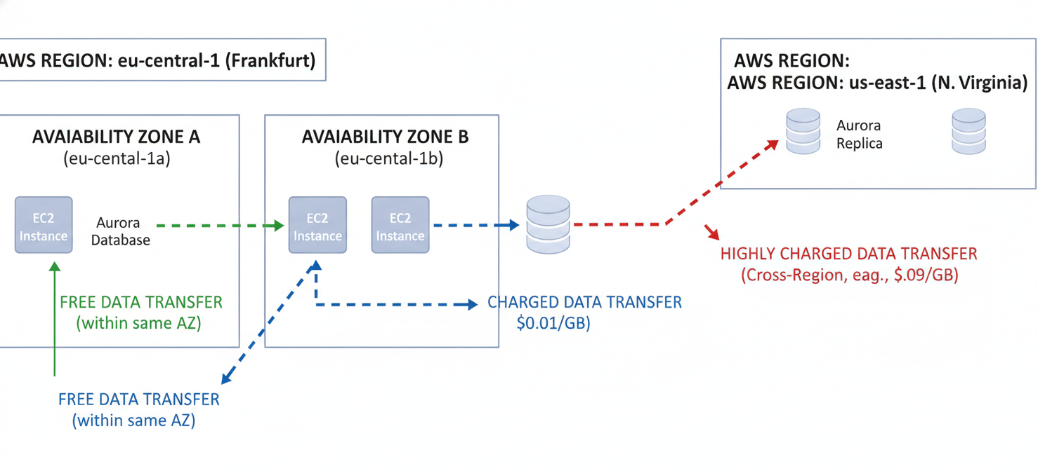 A network diagram illustrating AWS data transfer costs, showing free data transfer within the same Availability Zone, charges for transfer between AZs, and higher costs for cross-region data movement involving an Aurora database.