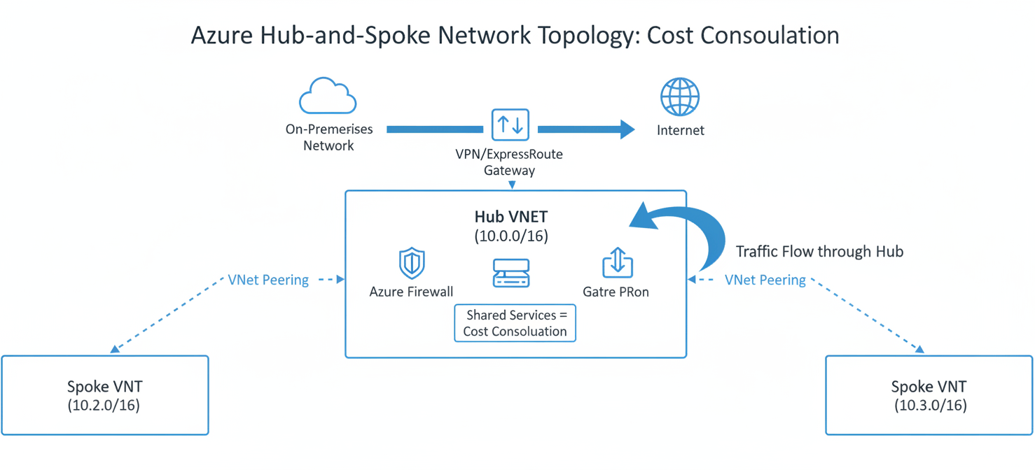 A network diagram illustrating the Azure Hub-and-Spoke topology. It shows a central hub VNet hosting shared services like Azure Firewall and a VPN/ExpressRoute Gateway, with multiple spoke VNets peered to it. This architecture demonstrates how consolidating gateways in a hub can lead to significant Azure gateway cost optimization.